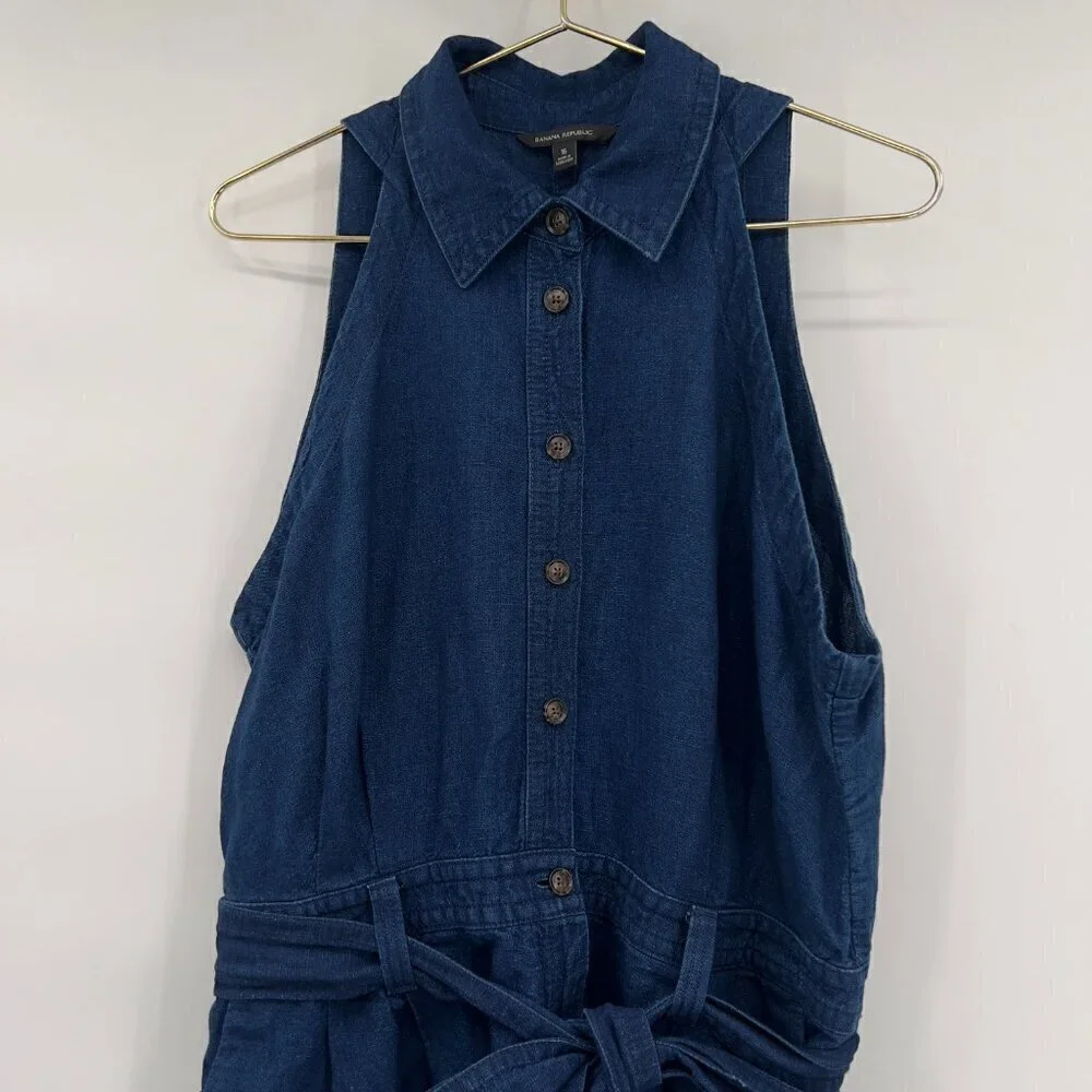 Banana Republic Plus Women's Blue Dark Wash Linen Sleeveless Belted Romper 16